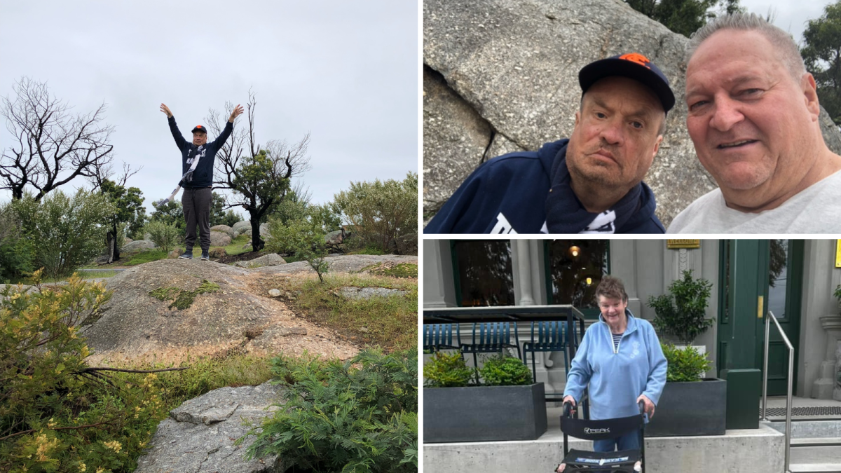 L-R: InLife client Peter at the You Yangs and with support worker Rick, Faye at Portarlington.