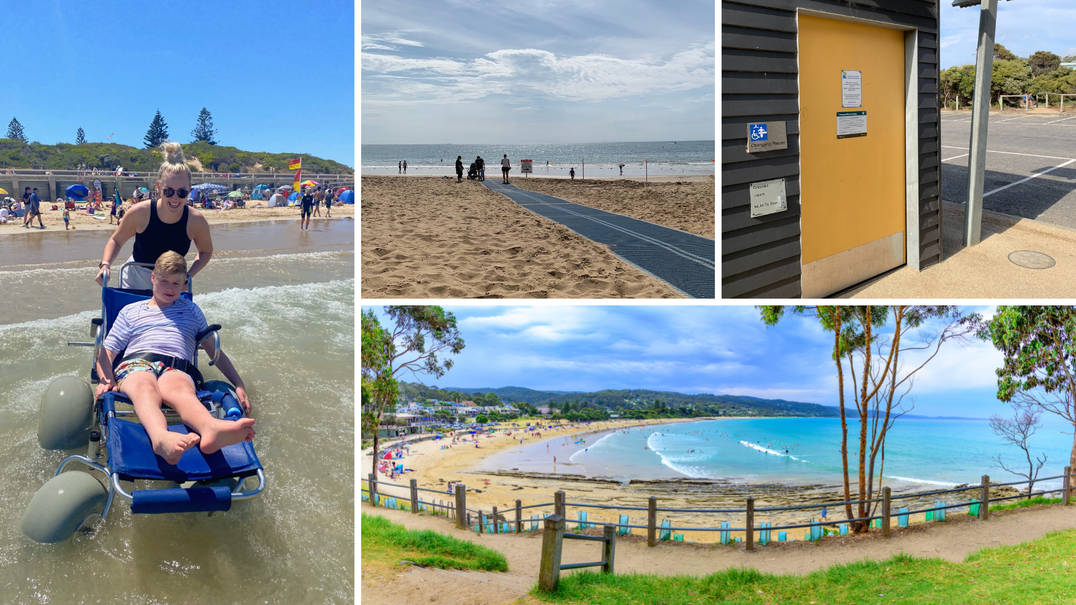 L-R: InLife Coordinator Alexis with Jack at Ocean Grove, the matting at Fisherman's Beach, Torquay, the Changing Places facility at Anglesea and a view of Lorne beach..